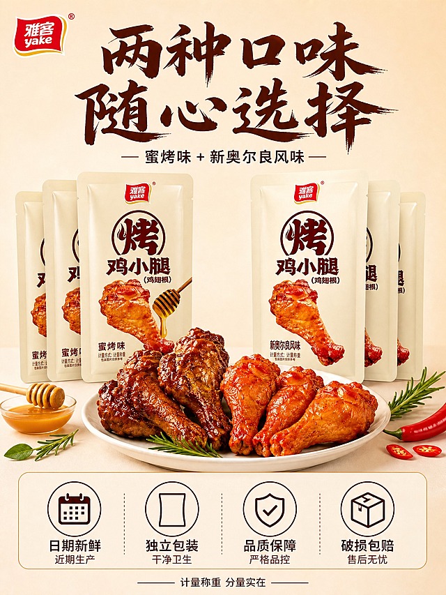 [淘宝-阿图零食铺-3:4主图5] 服务承诺与规格，放心购买。淘宝专业品质风格，暖橙米白主色调，深棕标题字，橙红强调色，粗笔刷书法大标题+黑体辅助文案，左上角雅客红色Logo，整体精致有食欲，专业靠谱感。画面上方展示双口味产品组合，中间一大盘烤鸡小腿，后方排列两种口味包装袋。下方为服务承诺区域。背景浅米色干净背景。产品占画面约50%。柔和均匀光线，产品清晰明亮。背景浅米色，标题深棕色。左上角雅客yake红色Logo。上方大标题"两种口味 随心选择"粗笔刷书法深棕字。下方四个服务图标横向排列：日期新鲜 独立包装 品质保障 破损包赔。底部小字"计量称重 分量实在"。3:4竖版，文字清晰可读，产品清晰不变形，无水印无平台Logo，无违禁词极限词。负向：变形、错字、模糊、杂乱、悬浮、穿模。