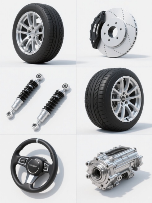 6个汽车配件以规整网格状排布，包含轮胎、轮毂、刹车盘、减震器、方向盘、引擎零件，每个配件保持高写实3D渲染质感，黑色橡胶轮胎搭配银色金属轮毂细节丰富，其他配件呈现金属光泽与机械结构特征，统一采用纯白色背景，柔和顶光照射形成自然阴影，整体造型简约现代，无任何文字、logo及水印。预览效果