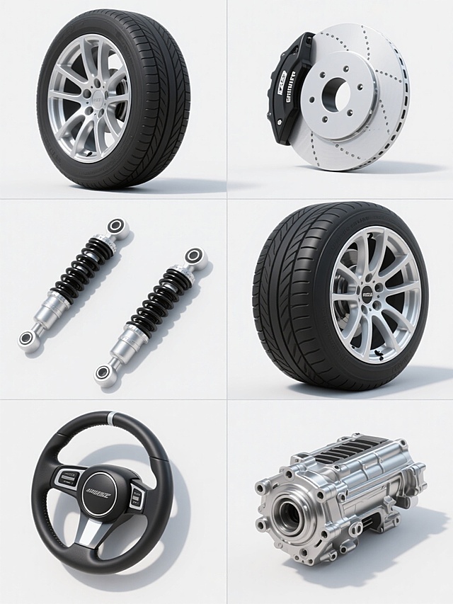 6个汽车配件以规整网格状排布，包含轮胎、轮毂、刹车盘、减震器、方向盘、引擎零件，每个配件保持高写实3D渲染质感，黑色橡胶轮胎搭配银色金属轮毂细节丰富，其他配件呈现金属光泽与机械结构特征，统一采用纯白色背景，柔和顶光照射形成自然阴影，整体造型简约现代，无任何文字、logo及水印。