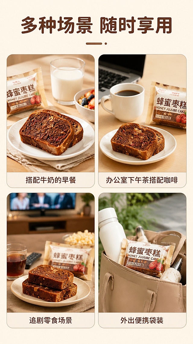 [第5屏] 蜂蜜枣糕日常食用场景种草屏。展示多种食用场景的拼图。
[氛围/风格] 生活化治愈风，真实日常场景，贴近消费者生活。
[元素布局] 采用2×2圆角卡片拼图布局，四个场景分别为：搭配牛奶的早餐场景、办公室下午茶搭配咖啡场景、追剧零食场景、外出便携袋装场景；每个场景都清晰展示蜂蜜枣糕产品，产品外观与输入图片一致。背景为浅暖纯色。
[光影质感] 每个场景都采用自然柔和光线，明暗适中，清晰展示产品。
[配色色系] 全局底色 #fef5e7；主色暖棕色产品，辅助色浅灰色卡片边框，米白色背景。
[视角构图] 2×2网格拼图，每个场景独立展示，整体均衡构图。
[文字版式] 顶部主标题「多种场景 随时享用」，四个场景卡片下方简短标注场景名称；统一圆角字体，文字大小适中，移动端清晰可读。
[比例分辨率] 9:16 竖版比例，4K分辨率，文字清晰可辨，高清画质。
[负向提示词] 场景模糊，产品变形，文字重叠，颜色不协调，水印