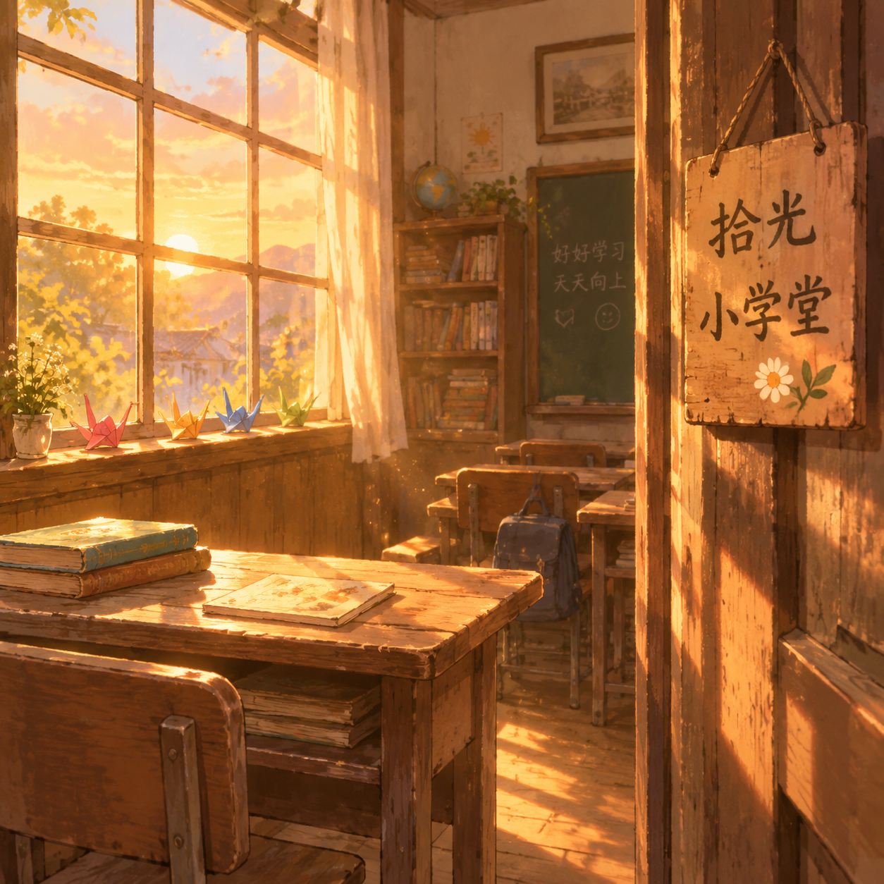 温馨怀旧风的治愈插画：黄昏的暖金色光线洒进一间木制的小学堂，窗… - 图片创意预览