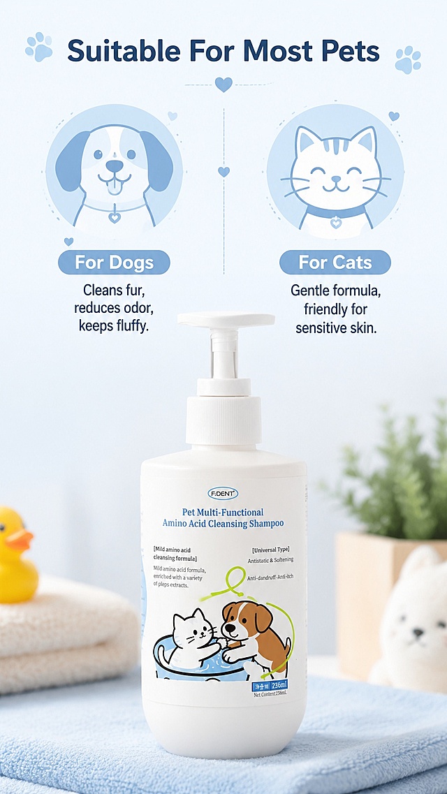 [第5屏] Application Scope - Suitable for all domestic pets. This screen uses [image8] as the product subject.  
[氛围/风格] Friendly lovely style, soft light, close to daily life.  
[元素布局] Product placed in the lower center of the screen, accounting for about 50% of the screen; top divided into two areas for dog and cat cute silhouette patterns, each area with applicable description; product shape and packaging consistent with the original image.  
[光影质感] Even soft lighting, product and pattern clear, soft shadow, comfortable vision.  
[配色色系] Global background color #f0f4f8; main color light blue silhouette, dark text; auxiliary color white product bottle.  
[视角构图] Top information bottom product, vertical center composition.  
[文字版式] Main title at the top: Suitable For Most Pets, two sections below: For Dogs - Cleans fur, reduces odor, keeps fluffy; For Cats - Gentle formula, friendly for sensitive skin; text clear, reasonable layout, no block.  
[比例分辨率] 9:16 vertical ratio, 4K resolution, clear readable text, high definition quality.  
[负向提示词] Product deformation, color deviation, text confusion, Chinese characters.