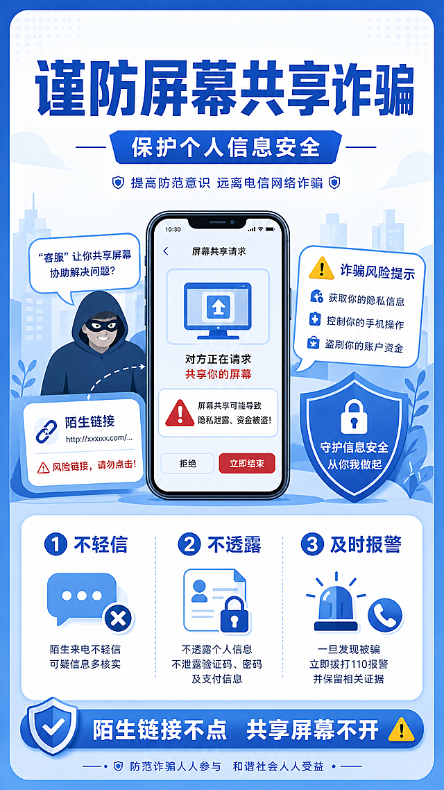 公益科普风格，反电信网络诈骗宣传公众号长图，主标题“谨防屏幕共享诈骗”，副标题“保护个人信息安全”，提示文案“陌生链接不点 共享屏幕不开”，防范要点分别为“1. 不轻信”“2. 不透露”“3. 及时报警”。整体以蓝色安心调简约设计，搭配手机防诈场景插画，顶部主标题醒目突出，中部展示诈骗防范场景，底部排列要点提示，版式简洁清晰，文字干净易读，四边留足安全边距，适合公众号传播，积极正向的公益宣传氛围