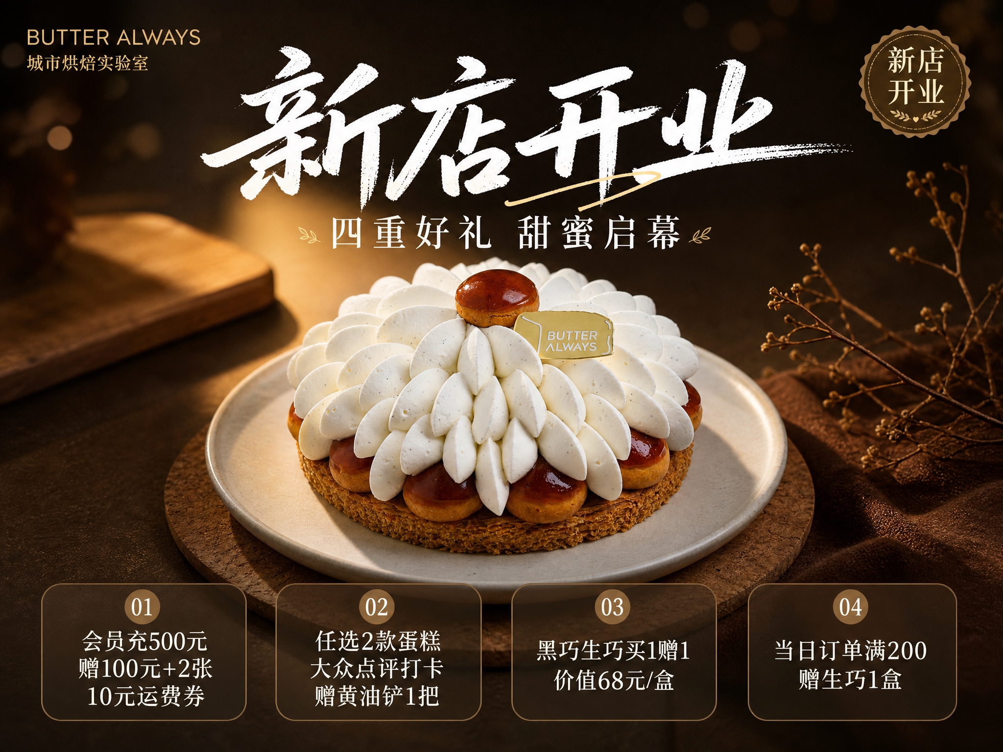 一张烘焙甜品店开业海报，横版8:6比例，参考图2的暖调暗底烘焙… - 图片创意预览