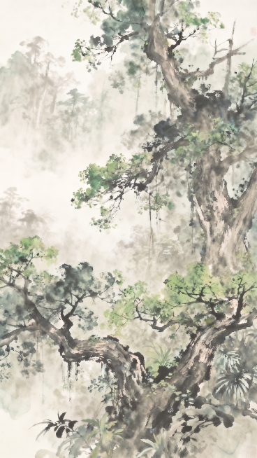 将热带雨林图的所有颜色，包括绿色调、饱和度和整体配色，调整到和猴子树枝插画完全一致，匹配相同的国风浅淡水墨色调预览效果