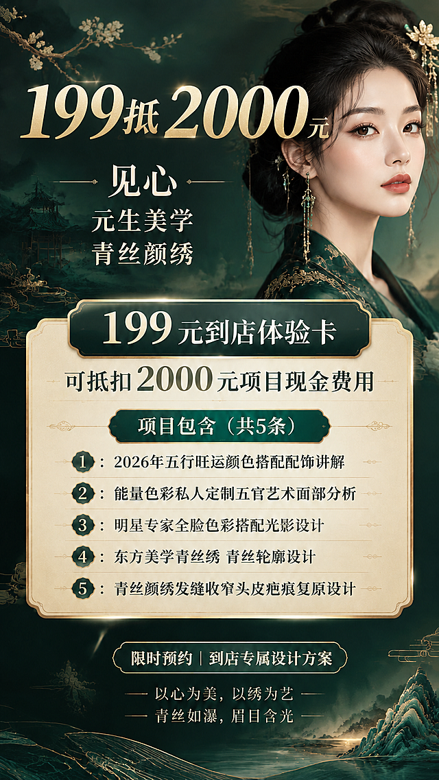 基于这张海报进行修改：将顶部大标题的"99"改为"199"，即顶部主标题变为"199抵2000元"，保持原有的鎏金字体风格、大小和位置不变；去掉左下角的二维码占位方块及其中的"二维码占位"文字，该区域恢复为背景图案；其余所有内容、排版、颜色、人物、文字信息均保持原样不变。
