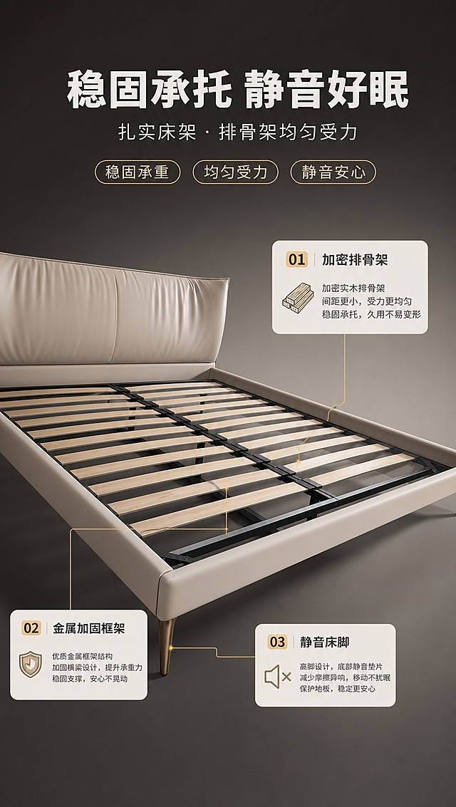 [商品] 使用【图1】S系列天空高脚齐边皮艺床；保留床体外观造型、颜色与比例；本页展示床底结构与排骨架，做半透视结构示意，排骨架木条清晰可见，金属床架与高脚支脚结构完整。
[画面] 目标：结构承托页，展示床架稳固性与排骨架静音设计。上文下图构图，上半区约30%为标题文案，下半区约70%为床底视角+排骨架特写；床体微微抬起角度，可见底部排骨架结构与金属支撑框架；搭配3个数据信息卡分布在排骨架周围；背景为深灰渐变突出结构光影。
[视觉] 套系策略：风格=现代意式轻奢商业摄影；标题字=现代无衬线粗体（思源黑体Heavy）；正文字=简洁无衬线体（思源黑体Regular）；主色=浅米白+奶杏色；背景延展=基于浅米白做同色系渐变、柔光墙面与细腻织物质感；强调色=香槟金，仅用于小面积图标、引线、序号标签和金属元素高光；标题色=深炭灰；正文色=中暖灰；组件=圆角浅底信息卡、细线引线、胶囊形卖点标签；光影=左前侧暖柔光，结构光突出框架立体感。
[文字] 顶部主标题「稳固承托 静音好眠」，副标题「扎实床架 · 排骨架均匀受力」；下方3个信息卡分别标注「加密排骨架」「金属加固框架」「静音床脚」，配图标与简短说明；用细线引线指向对应结构部位。
[规格] 图片比例9:16竖版，4K分辨率，淘宝/天猫详情页适配；避免变形、错字、文字过小、冷蓝灰背景、产品颜色改变、结构失真、出现平台Logo水印。
