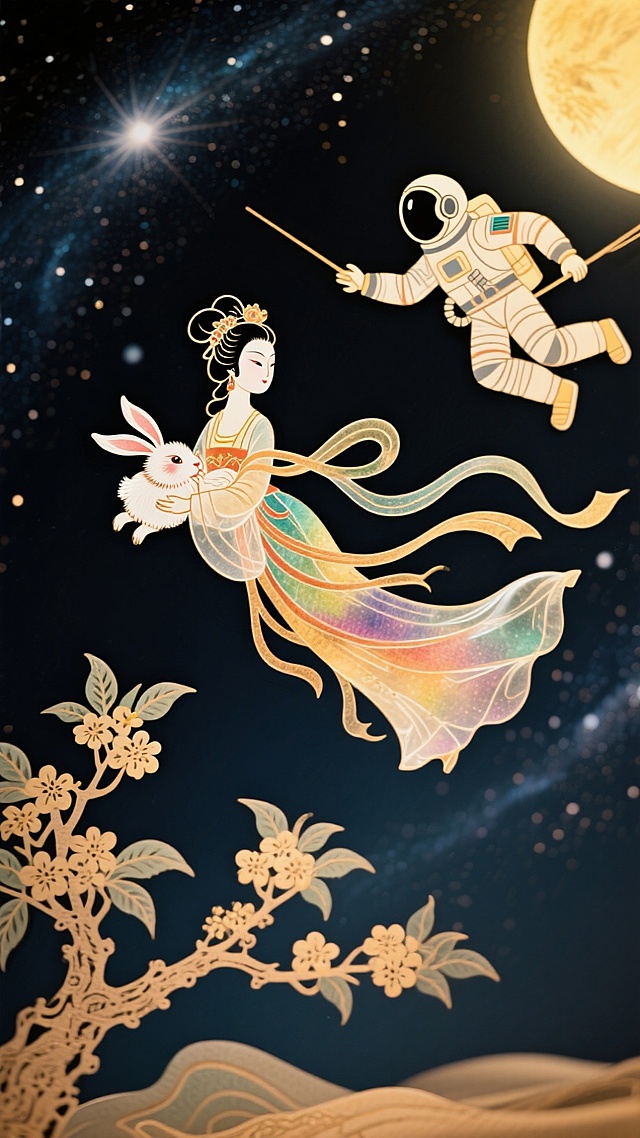国潮风插画，嫦娥怀抱玉兔，宇航员执桂枝共舞星河，剪纸质感与鎏金线条交织，梦幻浪漫中融合科技未来感，中秋佳节诗意跃然。