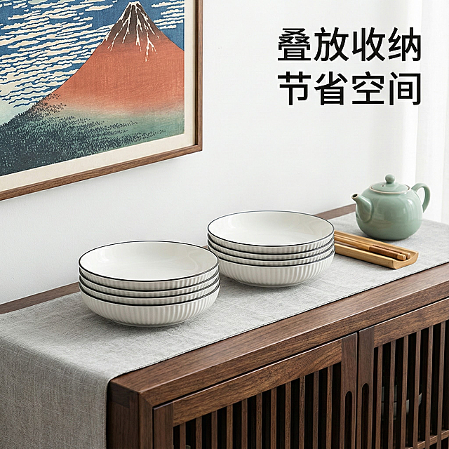 这是一只陶瓷盘，其名称为山田竖纹圆盘，碗口直径为7英寸。我给你提供了一张白底图，请根据我的白底图，帮我绘制20张不同角度的场景图。每张场景图比例为1:1，内容是将这些盘子与不同的日常生活场景结合，并配上简要的卖点介绍。特别注意生成的场景图中，必须包括2个、4个或者6个这样的盘子。每个盘的造型、颜色或者样式都不能改变，必须和我提供的图片中的盘子一样。盘的大小、摆放角度、位置可以根据场景的不同进行调整。