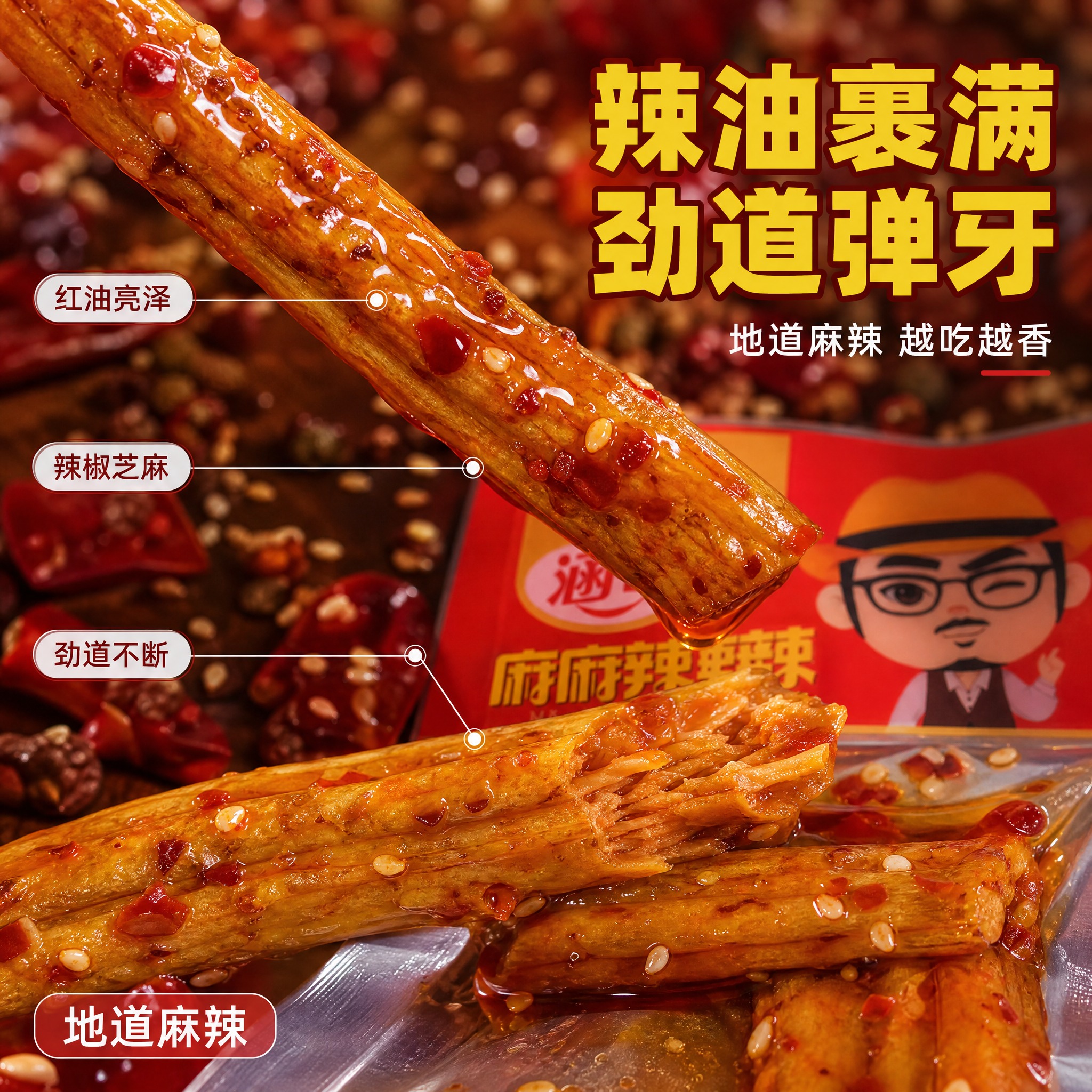 [主图-3] 涵哥麻辣素牛筋-微距辣油纹理与劲道质感特写。 [… - 图片创意预览