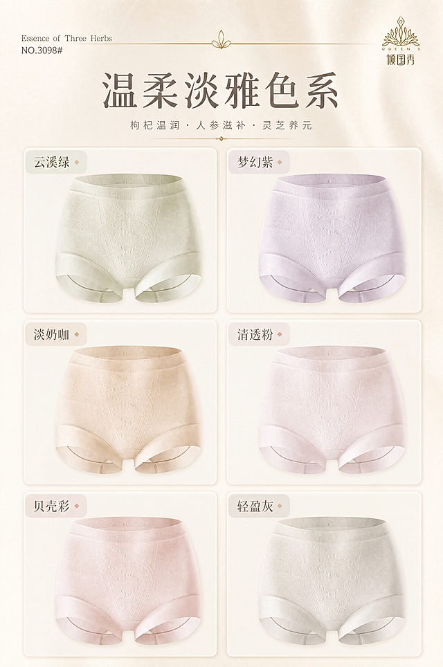 [商品] 使用【图5】6色内裤色卡展示图+【图8】参考风格；商品处理：保留6种颜色（云溪绿、梦幻紫、淡奶咖、清透粉、贝壳彩、轻盈灰）、中高腰版型、提花面料纹理、腰头、裤脚和整体结构；增强每种颜色的面料质感和色彩准确度，自然去皱，不改变版型颜色和结构。
[画面] 目标：颜色系列展示页，6色矩阵总览，温柔淡雅色系；构图：2列3行矩阵排列，每格一个颜色内裤正面图+色名标签；上方标题区；主体占画面75%；景别：中景；前景：6格圆角卡片式排列，每格内内裤居中；中景：浅米色卡片背景；后景：浅米色渐变整体背景，顶部装饰细线和品牌标识。
[视觉] 套系策略：风格=高级雅致商业摄影风；标题字=优雅宋体粗体；正文字=简洁无衬线体；主色=浅米色；背景延展=基于浅米色做深浅层级渐变与细腻纸张/织物质感；强调色=金色，仅用于小面积图标、引线、标签和装饰线条；标题色=深暖灰；正文色=中暖灰；组件=圆角浅底信息卡、细金线分隔、金色小图标；光影=均匀柔光，卡片轻微投影。
[文字] 主标题"温柔淡雅色系"，副标题"枸杞温润 · 人参滋补 · 灵芝养元"，6个颜色名称"云溪绿 / 梦幻紫 / 淡奶咖 / 清透粉 / 贝壳彩 / 轻盈灰"，每格左上角标色名，顶部小号英文装饰"Essence of Three Herbs"和"NO.3098#"。
[规格] 图片比例2:3竖版，4K，负向：避免变形、错字、文字过小、冷蓝背景、内裤颜色改变、版型失真、低俗擦边、绝对化用语。
