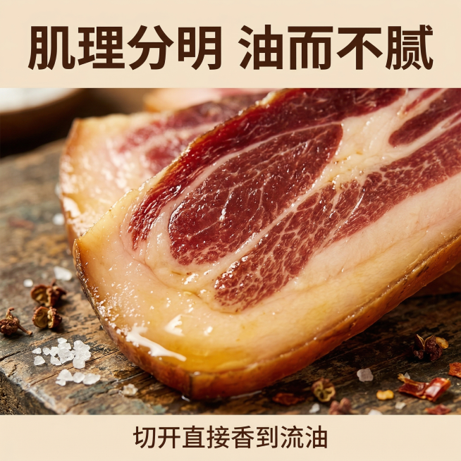 拼多多云南农家火腿主图第3张，细节特写风格，暖色调，自然暖光，突出油亮质感。主体：火腿切面微距特写，放大展示大理石纹理、油润光泽，肌理清晰可见。周围散落少量粗盐粒、干香料点缀。上方文案：「肌理分明 油预览效果