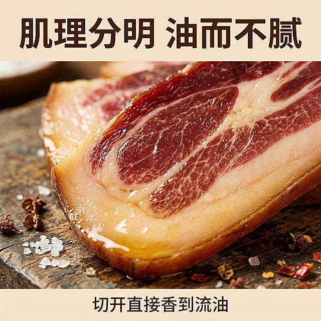 拼多多云南农家火腿主图第3张，细节特写风格，暖色调，自然暖光，突出油亮质感。主体：火腿切面微距特写，放大展示大理石纹理、油润光泽，肌理清晰可见。周围散落少量粗盐粒、干香料点缀。上方文案：「肌理分明 油而不腻」，下方小字：「切开直接香到流油」，字体为无衬线体，深棕色，文字不遮挡产品核心细节。1:1比例，2K分辨率，符合拼多多主图规范，突出品质细节。