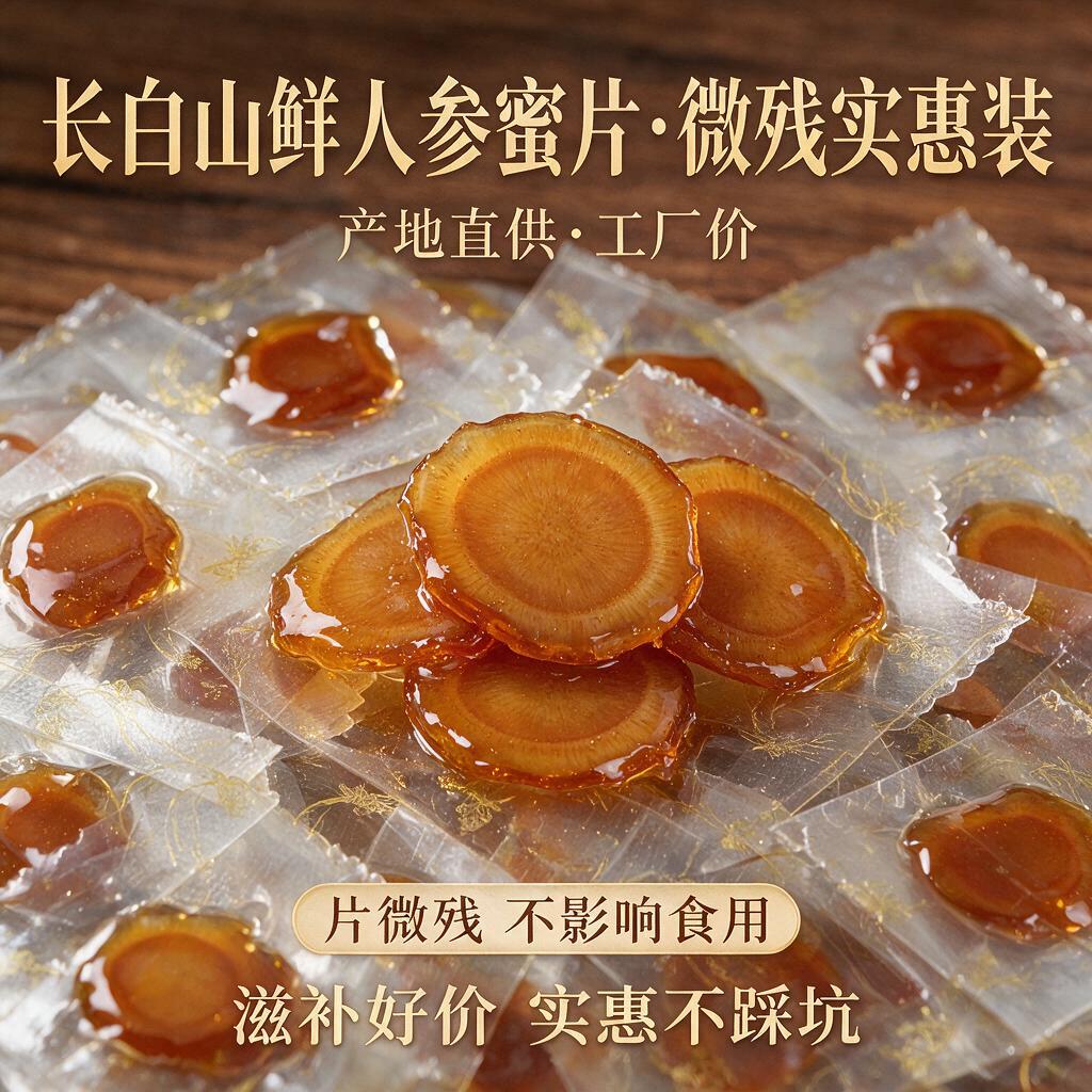 抖音电商投放素材图，长白山鲜人参蜜片微残片实惠装，画面中央是拆… - 图片创意预览