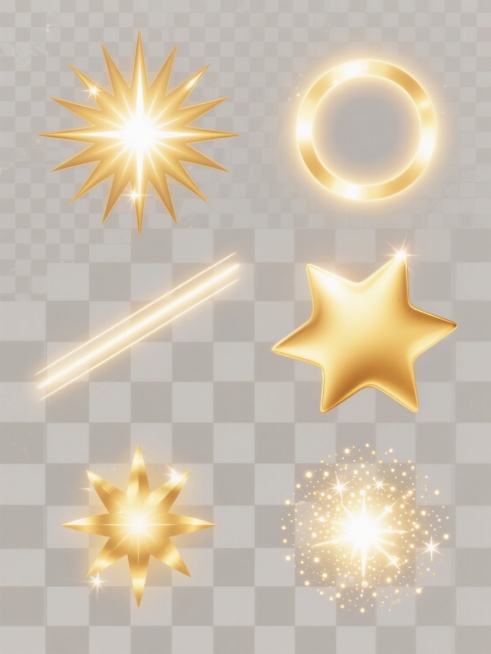 一套6个不同造型与角度的金色光效元素集合，每个元素均保持原金色渐变质感、明亮高光与柔和光线扩散效果，背景为透明（棋盘格示意），元素造型包括放射状光芒、星形光斑、环形光晕、线性光束、不规则闪光和点状星光，整体排布规整，所有元素采用相同的金色调与光效风格，形成统一的系列素材。预览效果