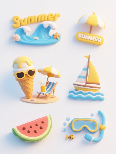 一套6个完全不同造型的夏季主题立体风格素材集合，规整排布在纯白色纯色背景上。每个素材都保持明亮欢快的黄色和蓝色为主色调，采用圆润饱满的3D立体造型，带有轻微的渐变和高光阴影表现。元素包括：1. 立体海浪托举的"Summer"艺术字，点缀贝壳和海星；2. 戴着墨镜的立体冰淇淋甜筒，顶部有融化的奶油效果；3. 立体太阳伞下的沙滩椅，旁边放着一杯果汁；4. 立体帆船在波浪中航行，船帆上有"SUMME……预览效果
