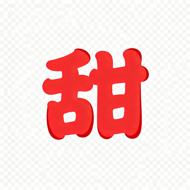 透明背景，红色醒目大字"甜"，采用和整体一致的活泼圆润卡通手写风格，红色字体醒目突出，简洁干净预览效果