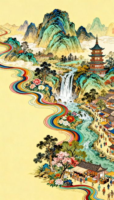 宋朝时期万里江山图，用纵向彩色流畅曲线呈现山峦，塔楼，瀑布，溪流，树木，花草，集市的单边轮廓，极繁主义风格，大师级排版，浅黄色背景，高清晰，细节精致预览效果