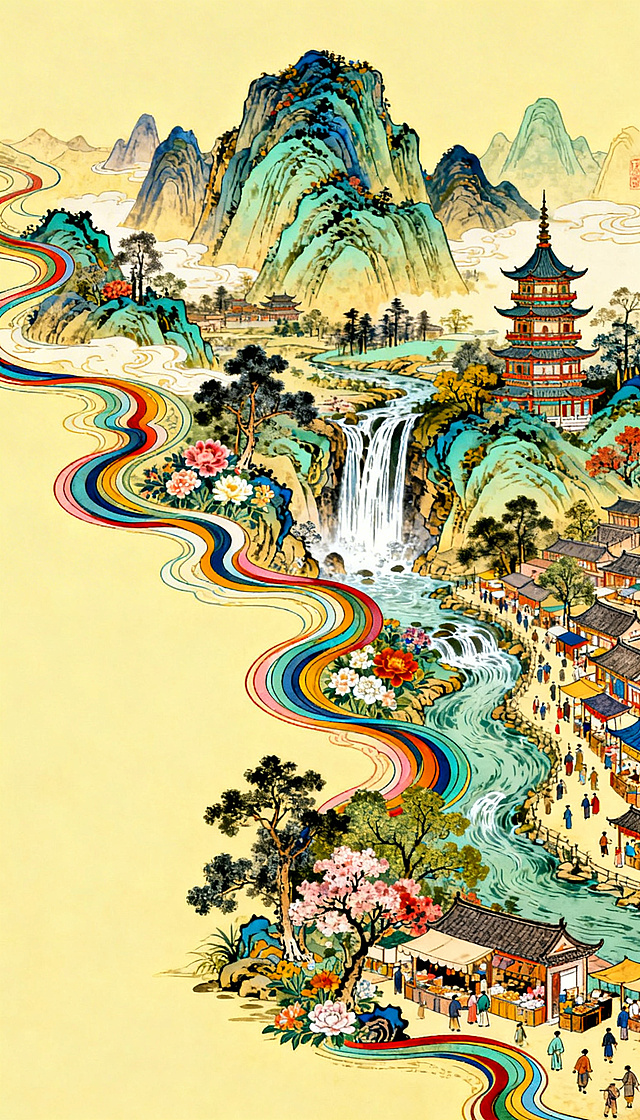 宋朝时期万里江山图，用纵向彩色流畅曲线呈现山峦，塔楼，瀑布，溪流，树木，花草，集市的单边轮廓，极繁主义风格，大师级排版，浅黄色背景，高清晰，细节精致