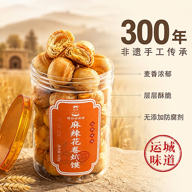 [主图-2] 烤馍核心亮点与产地溯源图。
[氛围风格] 极简高级风 美食商业摄影 干净通透 低饱和暖色调 产地信任氛围。
[画质] 8K超高清商业摄影质感 微距细节 景深柔和 产品纹理清晰。
[元素] 画面主体为一罐打开的麻辣花卷味烤馍（橙标）置于画面中央偏左，罐盖斜靠在旁，罐口溢出数颗烤馍，其中一颗被掰开露出层层花卷纹理与金黄酥脆断面。背景虚化融入山西运城麦田/黄土高原地貌的暖色调剪影，营造产地溯源氛围。右侧大面积留白放置信息文案。保持烤馍罐外观、标签、颜色与输入产品图一致，杜绝变形色差，精细化处理。商品主体占比约60%。
[光影] 柔和自然光侧逆光，从左后方照射，烤馍断面层次分明，酥脆肌理清晰可见，罐身玻璃通透有光泽，背景麦田光影柔和，整体明暗层次丰富。
[配色] 主色调暖麦黄与浅棕；辅色橙红标签点缀；低饱和暖调，干净自然。
[视角构图] 45度斜侧俯视，产品位于左中区域，右侧负空间充足；景深中等，主体锐利背景虚化；画面满屏无边框。
[文字版式] 右侧负空间右对齐排版，顶部超大数字「300年」采用粗体无衬线，深棕色最大号；下方小字「非遗手工传承」。中部三条引线从烤馍不同部位引出对应文字：「麦香浓郁」「层层酥脆」「无添加防腐剂」，引线为极细浅棕色实线。底部印章式圆框内竖排「运城味道」红色印章字。文字清晰不遮挡主体。
[输出要求] 1:1比例，文字清晰锐利，超高清商业摄影质感。
[负向提示词] 变形，文字错乱，产品模糊，背景杂乱，水印，电商平台Logo，多余杂物，人物面部。