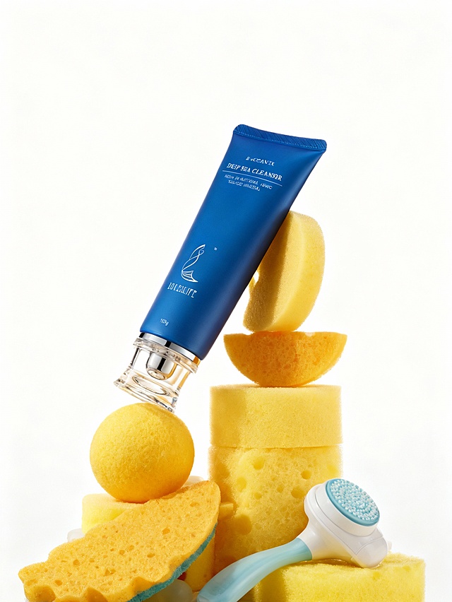 活力的商业主体摄影风格；画面采用黄蓝撞色的高饱和明快色调，搭配纯白色背景，整体简洁干净且色彩鲜明；以平视中景视角、错落堆叠的趣味陈列式构图呈现，视觉重心聚焦于主体；场景包含不同形态的海绵制品（球形、片状、异形）、洁面仪工具，背景为纯白色渐变虚化背景；主体呈倾斜角度，放置于洁面仪与海绵堆的顶部区域；海绵制品以堆叠方式构成承载基座，洁面仪置于主体旁侧形成搭配组合，所有元素围绕主体构建清新活力的护肤场景氛围；配合柔和均匀光照明、高光泽材质细节表现、清晰的主体轮廓呈现与错落的陈列布局