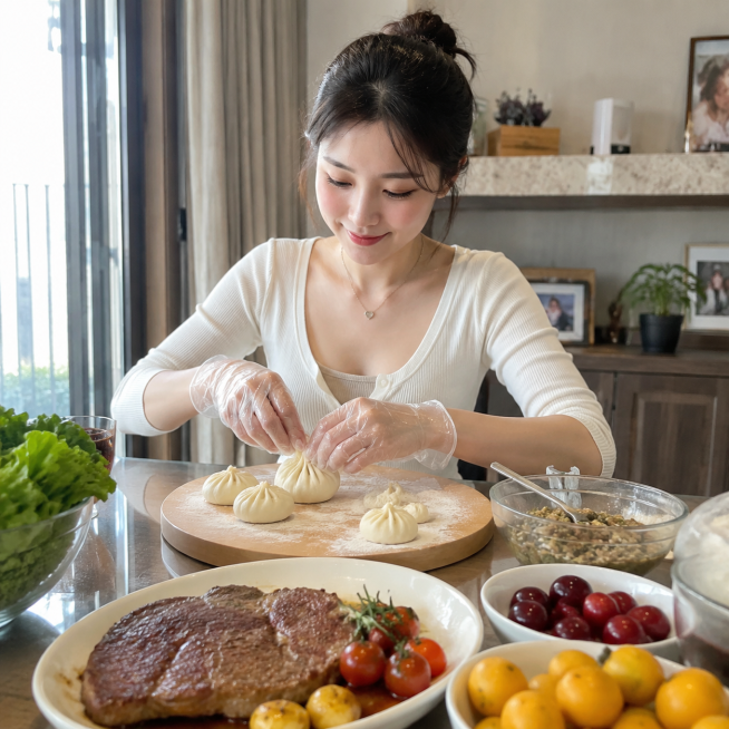 美女戴着PVC透明手套在餐桌上做包子，餐桌上摆放着牛排、蔬菜、水果等食物，自然光线，高清写实预览效果