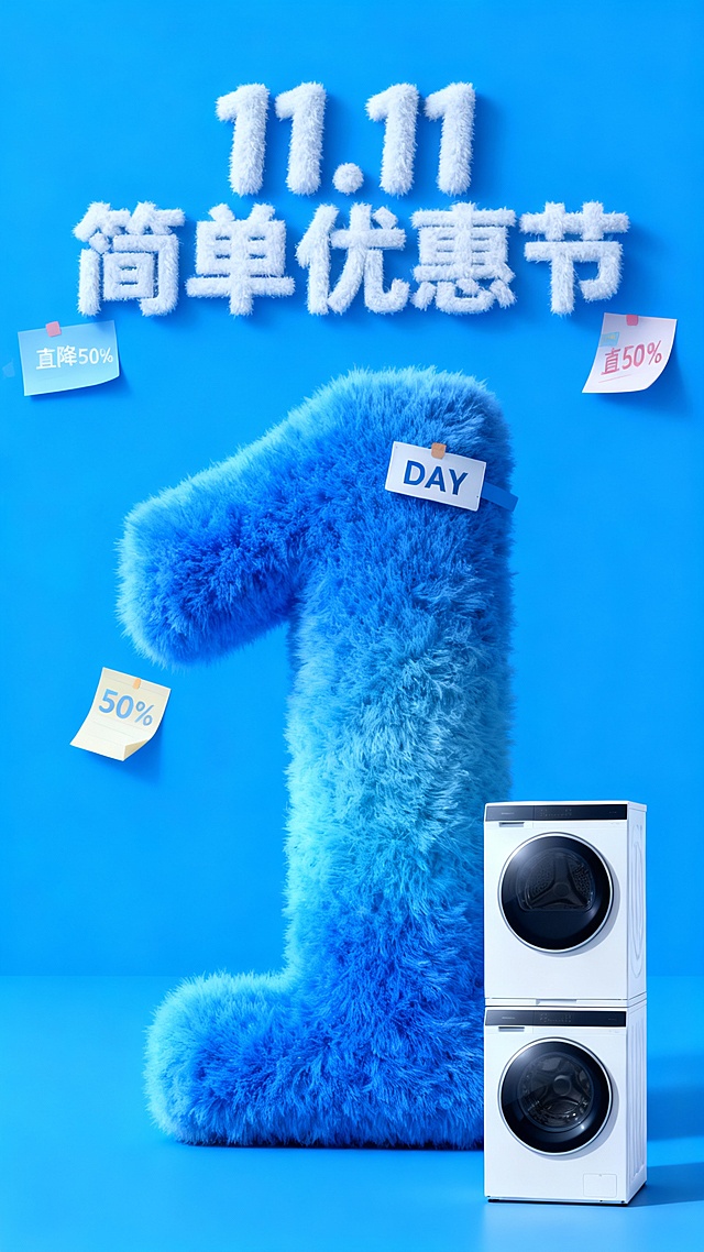 主视觉为一个蓝色渐变毛绒材质的“1” ，“DAY”标签位于数字“1”上，商品位于画面右下角，背景是高饱和蓝色结合便签纸元素，画面上方为毛绒主标题“11.11 简单优惠节”，“直降50%”便利贴装饰。