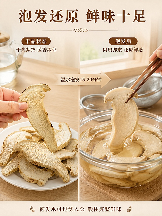 [第5屏] 手部操作屏-干松茸泡发还原过程展示。本屏使用【图2】作为干松茸原料，【图3】辅助展示泡发前后对比。
[氛围/风格] 居家生活感+食材科普风，温馨自然，商业摄影质感。
[元素布局] 画面左右分栏对比结构。左侧：干松茸状态——一只手拿起一片干松茸（来自图2），下方白瓷盘盛放干松茸片；右侧：泡发后状态——玻璃碗中温水泡发后舒展饱满的松茸片，一只手用筷子夹起一片，展示饱满弹嫩质感。中间用箭头连接，标注「温水泡发15-20分钟」。背景为浅木色厨房台面，有温水壶、滤勺等厨房小物点缀。干松茸片颜色纹理与输入图一致，泡发后松茸片形态饱满舒展。
[光影质感] 窗边自然光，柔和均匀，玻璃碗有通透反光，手部动作自然真实。
[配色色系] 全局底色 #F8F1E5（浅米黄）；主色暖棕+米白；辅助色浅木色、透明玻璃质感。
[视角构图] 45°微俯视，左右对比构图，阅读动线顶部标题→左侧干品→中间箭头说明→右侧泡发后。
[文字版式] 顶部大标题「泡发还原 鲜味十足」，温润宋体，深棕色，居中；左侧小标题「干品状态」+「干爽紧致 菌香浓郁」；右侧小标题「泡发后」+「肉质弹嫩 还原鲜感」；中间箭头上方文字「温水泡发15-20分钟」，圆角黑体，深棕字配浅棕底箭头。底部加一行提示「泡发水可过滤入菜 锁住完整鲜味」。
[比例分辨率] 3:4 竖版比例，4K分辨率，文字清晰可辨，高清画质。
[负向提示词] 变形，水印，文字错乱，文字过小，手部畸形，颜色偏差，松茸形态失真，背景杂乱。