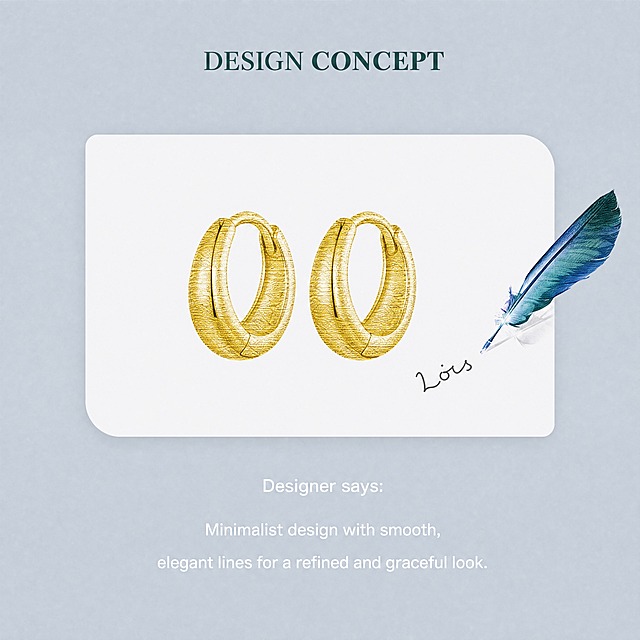 [商品] 使用【图10】的金色简约耳扣耳环（一对，手绘素描风格）；保留耳扣的圆润造型和对称结构；画面右侧保留羽毛笔和"Lois"手写签名；商品本体为手绘金色素描效果。
[画面] 目标：设计理念页，传达设计师原创概念。画面上方约15%为标题区；中间约50%为大圆角白色卡片，卡片内左侧为一对金色手绘风格耳扣，右侧为羽毛笔和手写签名；下方约35%为设计师说文案区；整体构图与原图10一致。
[视觉] 套系策略：风格=跨境极简高级商业珠宝摄影+手绘设计稿风格；标题字=优雅衬线粗体（深墨绿）；正文字=简洁无衬线体（白色）；主色=浅蓝灰背景；背景延展=浅蓝灰均匀平涂+细腻磨砂质感；强调色=深墨绿（#1A4A4A），仅用于标题；标题色=深墨绿；正文色=白色；组件=大圆角白色卡片、羽毛笔装饰；光影=柔和均匀光，卡片有轻微投影。
[文字] 顶部居中标题："DESIGN CONCEPT"（深墨绿衬线大写体）；下方文案区居中三行白色文字：第一行"Designer says:"，第二行"Minimalist design with smooth,"，第三行"elegant lines for a refined and graceful look."；所有文字横向排版。
[规格] 图片比例1:1方版，4K分辨率，负向提示：避免变形、错字、文字模糊、耳扣结构改变、手绘风格失真、羽毛笔位置错乱。