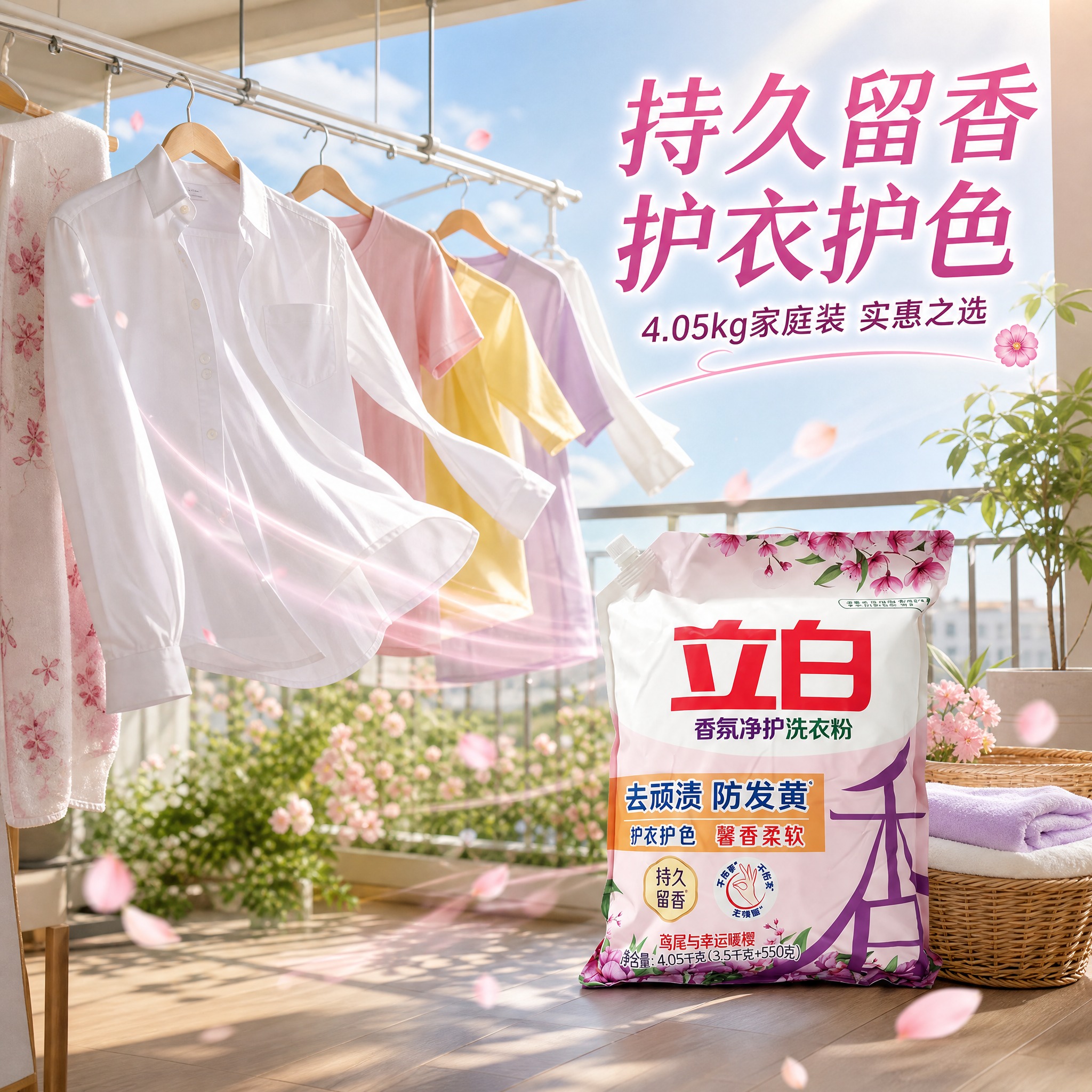 电商主图，立白香氛净护洗衣粉第三张。阳台洗衣场景：明亮的阳台上… - 图片创意预览