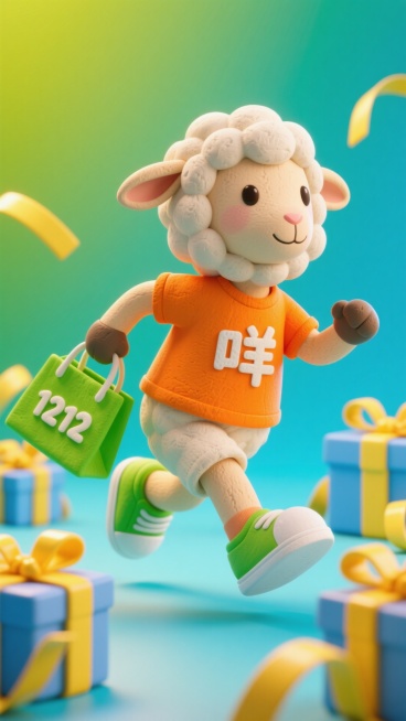 一只羊向前跑，穿着橙色 T 恤，印有 “咩” 字，手提印有 “1212” 的绿色购物袋鞋子，周围点缀黄色丝带的礼物盒和，蓝绿渐变背景。预览效果