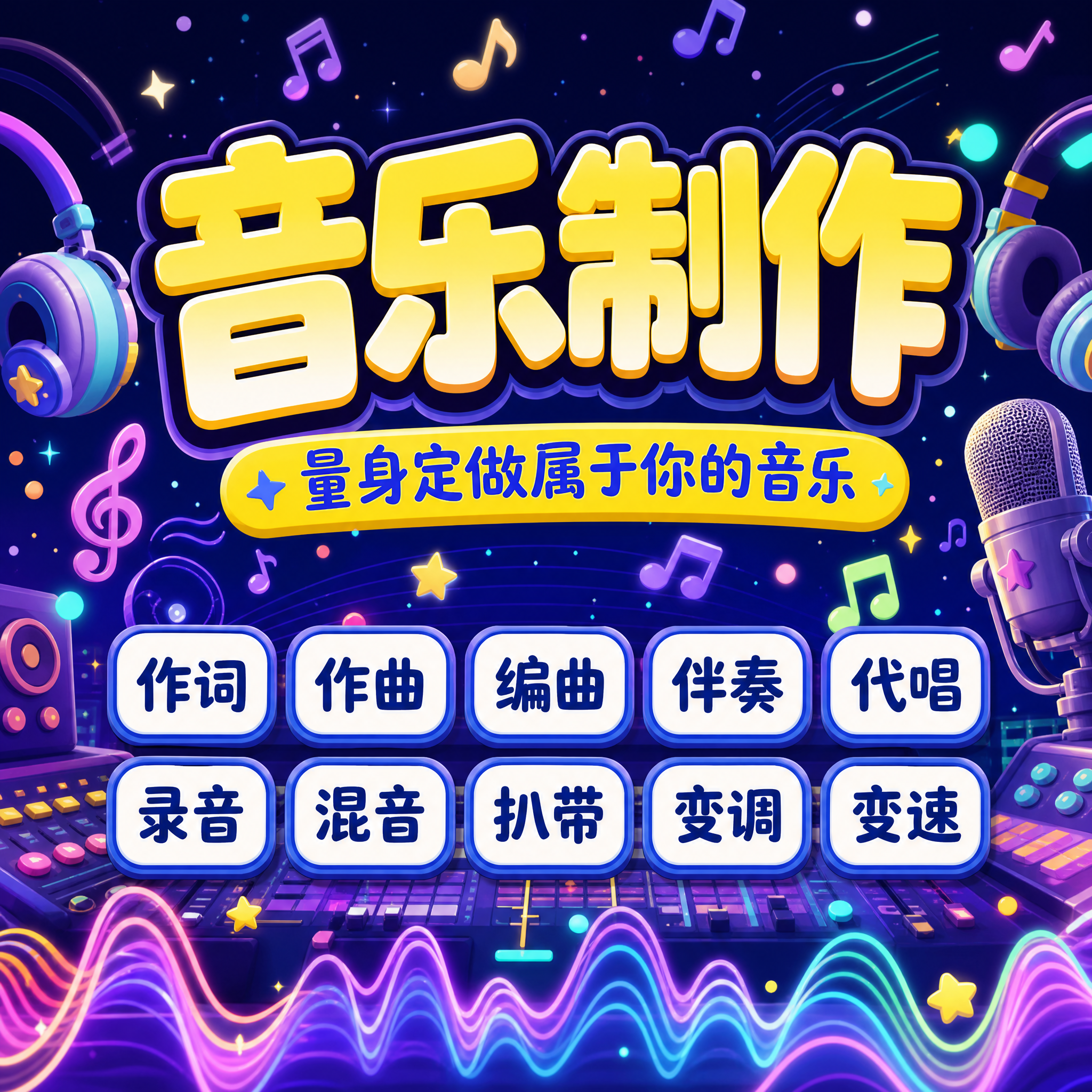 电商主图第1张，音乐制作服务首图，1:1正方形构图。整体风格为… - 图片创意预览