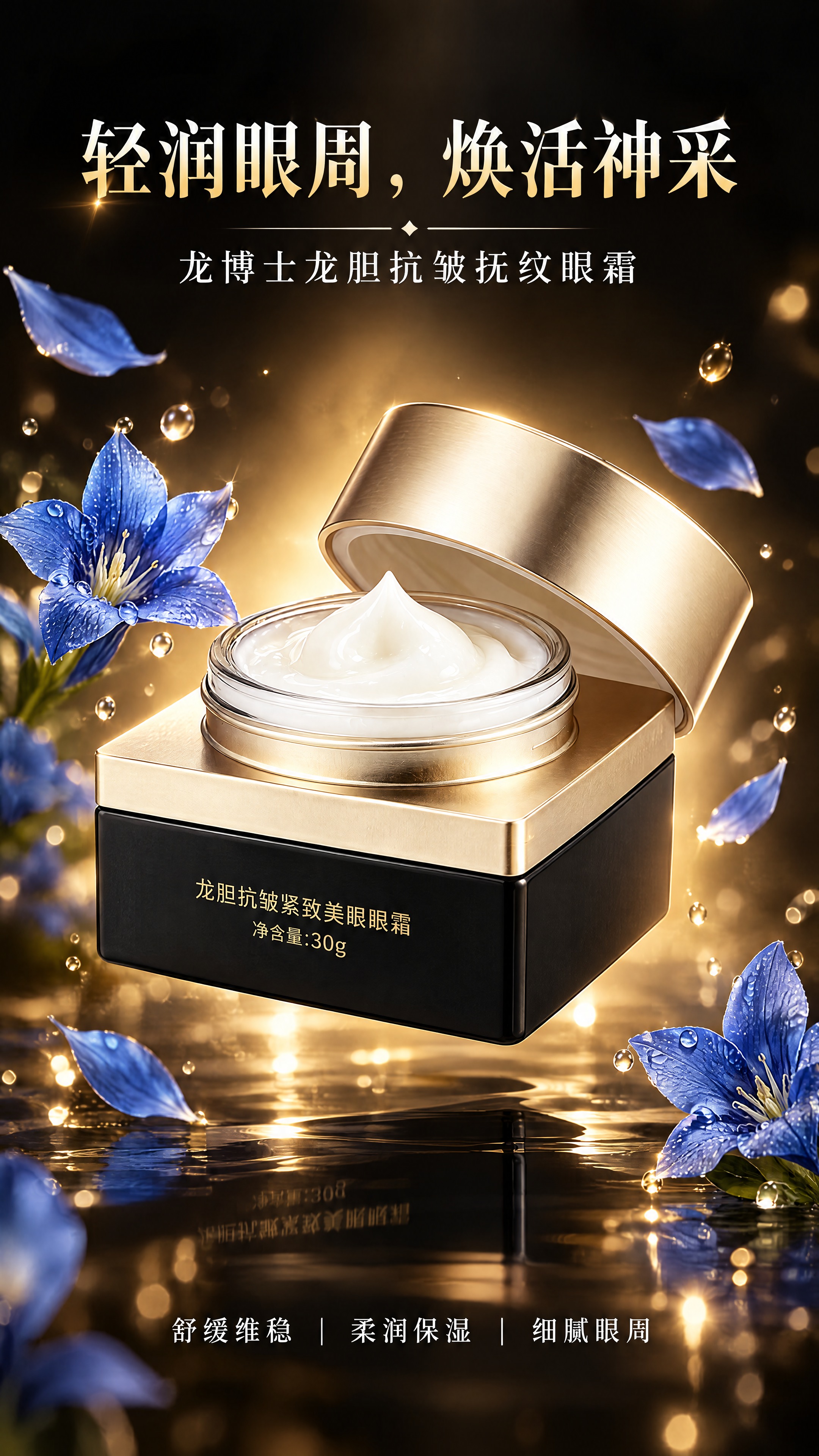 基于图中的龙博士龙胆抗皱抚纹眼霜产品，生成一张高端美妆护肤海报… - 图片创意预览