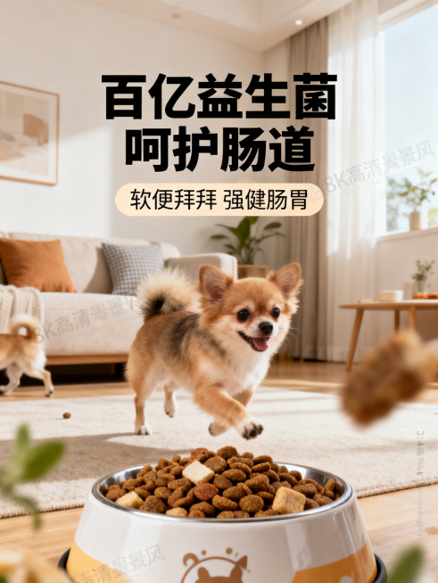 [主图 5] 网易天成犬粮肠道呵护场景图。
[氛围风格] 生活化真实自然的居家宠物实景风
[画质] 8K高清实景拍摄，动态画面捕捉自然，色彩柔和统一，粮食细节、环境细节清晰，画面干净高级
[元素] 简预览效果