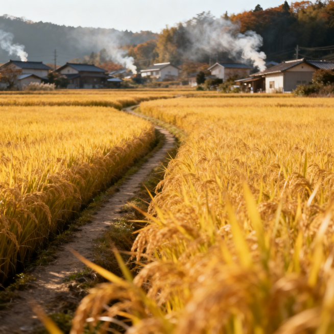 超写实田园风光摄影，秋日乡村稻田，饱满的金黄稻浪随风轻轻起伏，狭窄的田埂小路蜿蜒延伸，远处错落的农房升起袅袅炊烟，整体是温暖治愈的秋日丰收氛围，自然光柔和明亮，细节细腻真实，画面通透有质感预览效果