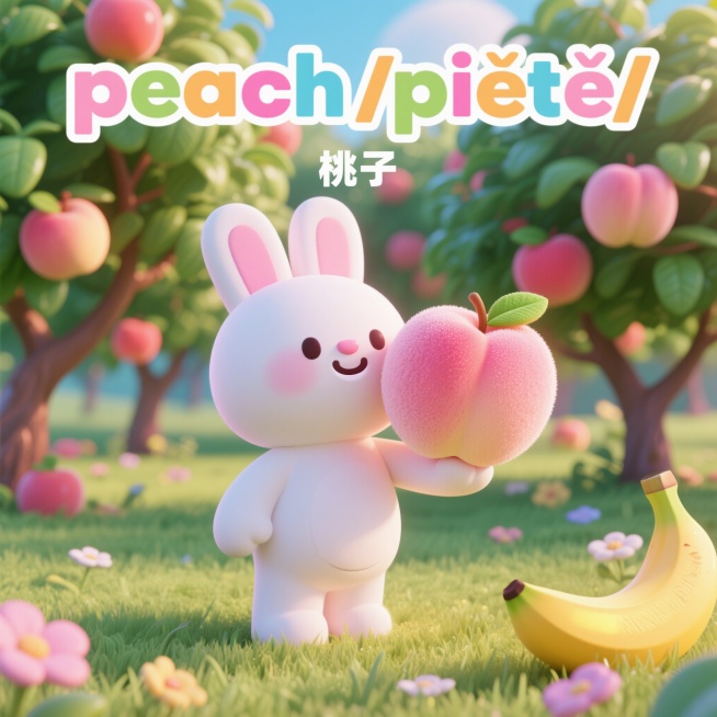 角色：3D卡通小兔（粉白配色，圆滚滚，表情可爱，全程出镜，动作贴合场景）背景：3D彩色果园背景（草地、果树、小花朵，色调明亮柔和，所有图片背景统一，不添加多余杂物）图片要求：高清、3D质感清晰，水果色预览效果