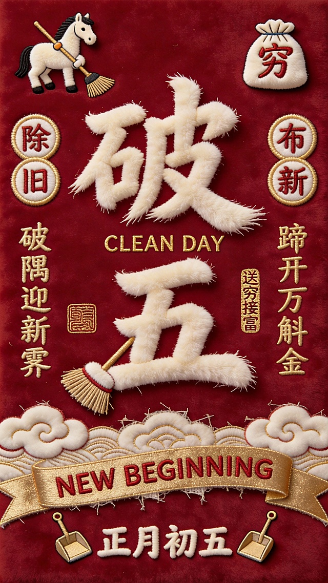 国潮刺绣风海报，毛发生长字效“破五”，重拟物浮雕质感，喜庆中式元素点缀，传递正月初五迎新纳福的民族节日氛围。