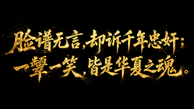 纯黑背景，屏幕中央是苍劲有力的金色书法字："脸谱无言，却诉千年忠奸；一颦一笑，皆是华夏之魂。"，文字边缘带有金色发光粒子效果，氛围感十足，字体苍劲有力，16:9