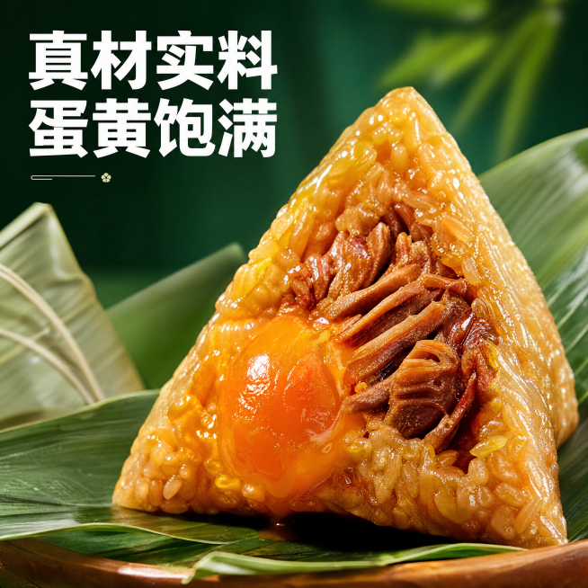 [主图-3] 蛋黄肉粽细节特写主图，延续国潮绿色风格，使用图2产品生成。
[氛围风格] 诱人食欲感，新鲜真实
[画质] 超高清商业摄影，微距细节清晰
[元素] 特写展示切开的蛋黄肉粽，突出流油咸蛋黄和预览效果