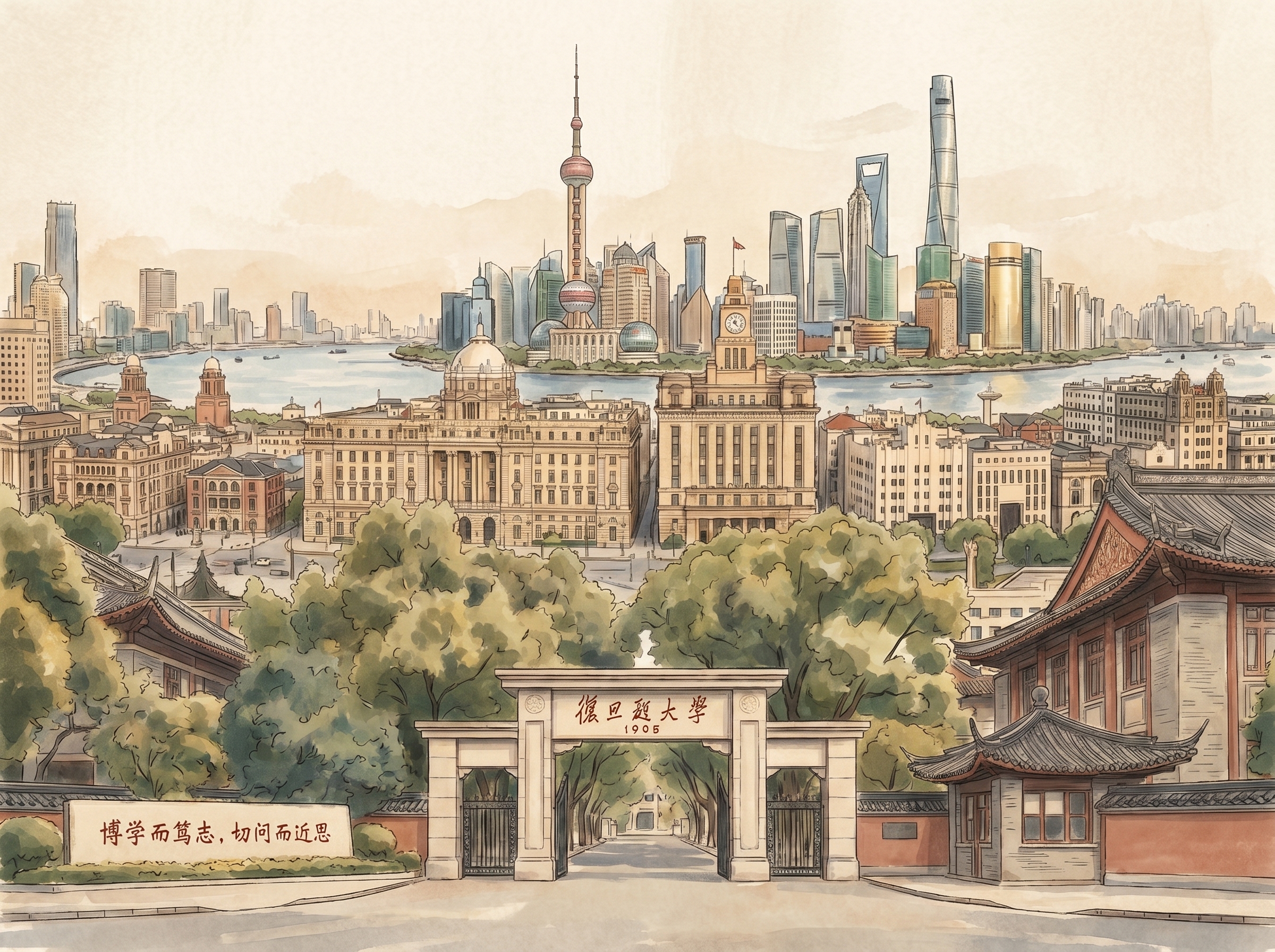 将原图转换为手绘风格，保留原图所有内容：融合上海城市元素和复旦… - 图片创意预览