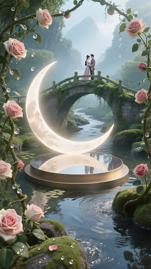 3D风梦幻场景，情侣桥上相拥，月牙与戒指呼应，玫瑰环绕，超现实浪漫唯美景致。