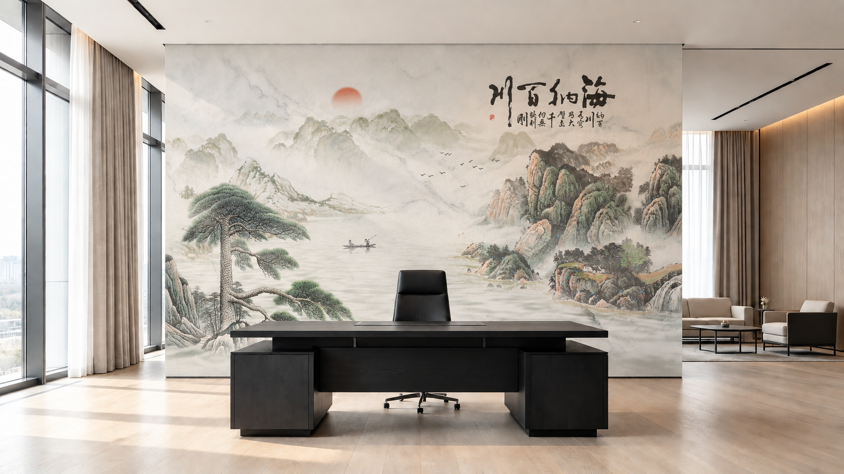 将第二张图的刺绣硬包背景墙（海纳百川山水国画图案，含迎客松、红… - 图片创意预览