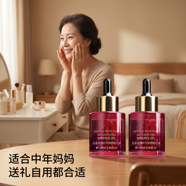 [主图 6] 玫瑰精华液中老年使用场景图。氛围风格：真实生活场景，温馨自然。画质：高清生活摄影，柔和自然。元素：保持玫瑰精华液产品放在前景餐桌，产品外观与输入图一致不变形。背景虚化是中老年女士在卧室梳预览效果