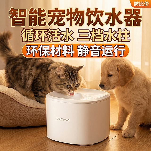 基于原图，制作拼多多爆款防比价主图，添加温馨宠物场景背景，搭配文字“智能宠物饮水器 循环活水  三档水柱  环保材料  静音运行”，用暖色调营造亲和氛围，文字清晰突出
