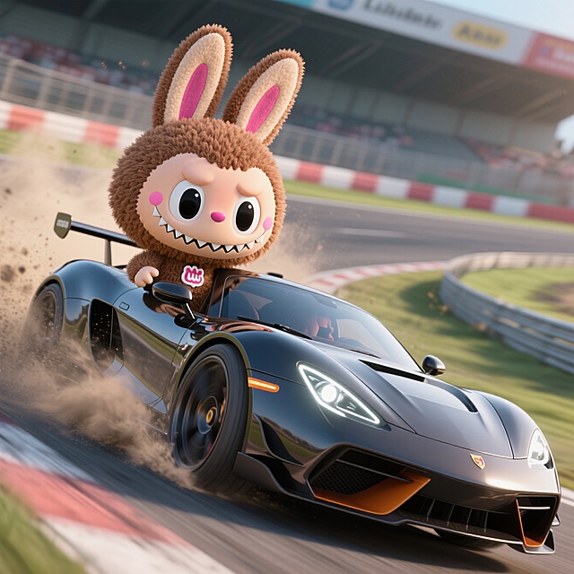 3D卡通风格，拟人化小兔驾驶现代跑车，赛道上展现可爱与速度的完美结合。