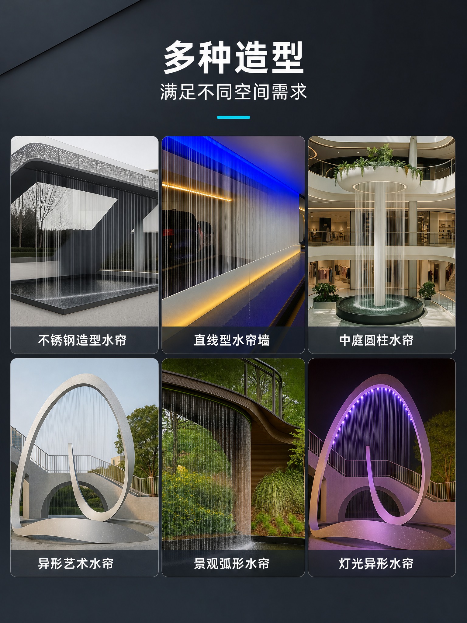 产品系列总览详情页，深灰高级感背景。顶部居中大标题「多种造型」… - 图片创意预览