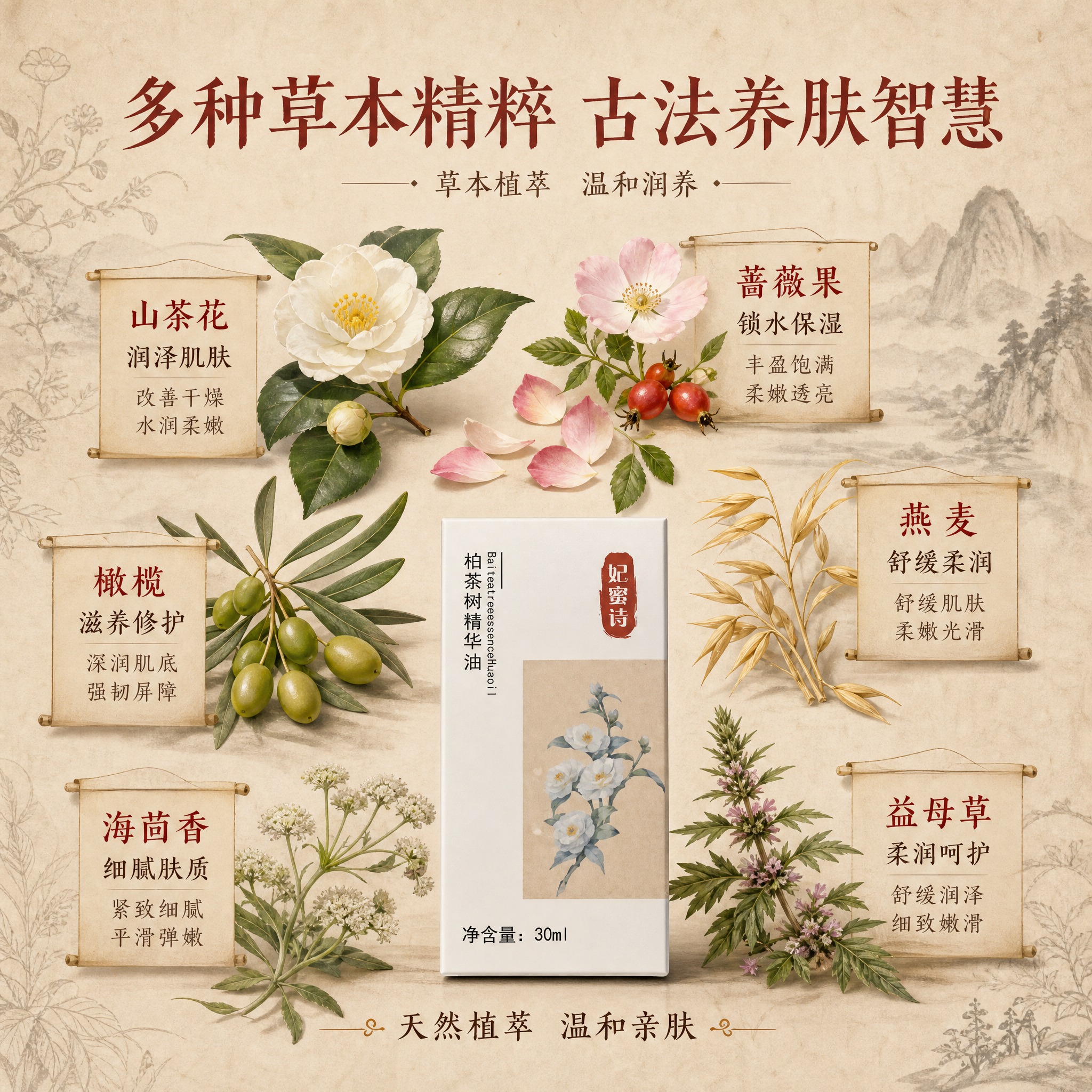 [主图-2] 小红书草本精华油成分功效图，展示多种草本萃取与护… - 图片创意预览
