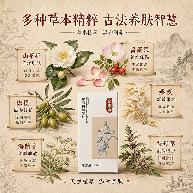 [主图-2] 小红书草本精华油成分功效图，展示多种草本萃取与护肤功效，中药风格。
[统一基调] 中药草本国风视觉，主色调为米白宣纸色+赭石红+草木绿，背景为淡雅草本植物意境，字体选用雅致宋体风格，标题字色赭石红，辅助字色深褐，强调色朱砂红，整体温润有质感，小红书原生氛围感。
[画面] 产品包装盒放在画面下方居中，占画面约30%。上方和四周环绕多种真实草本植物原料：山茶花花朵与叶片、蔷薇花瓣、燕麦穗、橄榄果、海茴香、洋甘菊、益母草等，每种草本用细线引出标注名称和对应功效（用小卡片或卷轴样式呈现）。背景为浅米色宣纸纹理，点缀淡墨山水或草本线描图案。整体呈现中药本草纲目式的成分解析感。
[光影质感] 柔和均匀自然光，草本植物真实有质感，叶片有自然光泽，产品底部有柔和阴影，整体温润通透，商业摄影与国风插画结合质感。
[配色] 米白宣纸底为主，草木绿、赭石红、浅棕点缀，整体自然清新国风配色。
[文字版式] 顶部大标题："多种草本精粹 古法养肤智慧"；下方环绕4-5组草本功效小卡片："山茶花 润泽肌肤"、"蔷薇果 锁水保湿"、"燕麦 舒缓柔润"、"橄榄 滋养修护"、"海茴香 细腻肤质"。文字用宋体或手写体结合，卡片用仿古卷轴或药签样式。底部产品旁小字："天然植萃 温和亲肤"。所有文字不遮挡产品和主要草本。
[输出要求] 比例1:1，文字清晰可读，产品清晰不变形，无错字，无杂乱元素，无水印，无平台Logo。不得出现任何化学成分名称（如角鲨烷、神经酰胺等），不得出现生产厂家，不得出现具体多少种草本的数字，只用"多种草本"表述。负向：化学成分、化学分子式、实验室烧杯、西药药片、现代科技元素、产品变形、文字模糊。