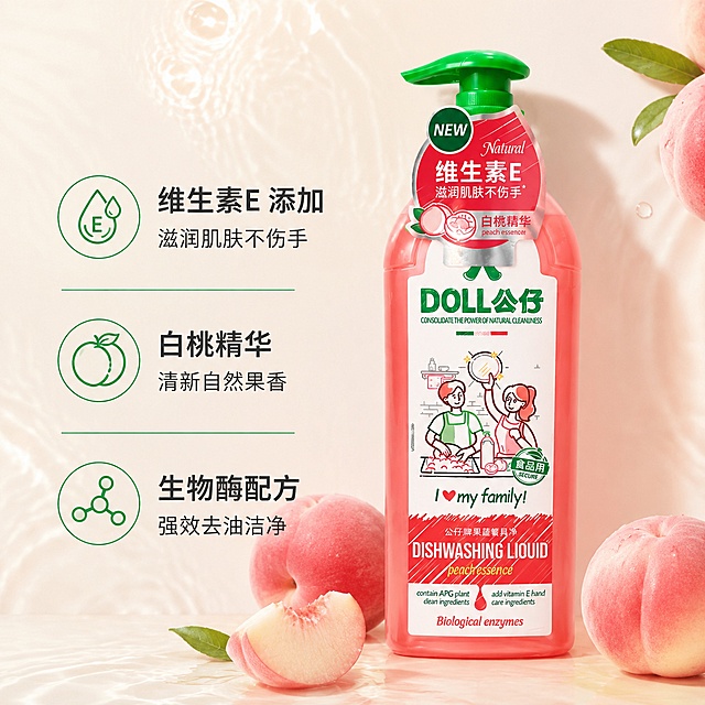 使用电商主图技能生成5张比例1:1的电商主图，适配平台为淘宝/天猫，商品为「图片1」，商品卖点为公仔洗洁精850ml，不要出现其他产品辅助，不要出现第二件半件字眼，需看起来高端，需要一张带简绍的边框的主图，2张简绍图，2张详情图