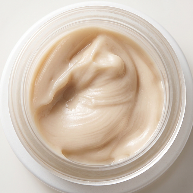 [主图-3] Yuziqian peptide eye cream texture close-up. Light bright minimalist background, extreme macro shot of the cream inside the jar, show the delicate creamy texture, delicate lines, natural luster, fine and pliant texture. The original texture and color of the cream are completely consistent with the input picture, the picture is clean and high-level, soft light through the cream to show the moist feeling, the background is light bright off-white, no extra text, comply with cross-border platform norms. Commercial macro photography, high-definition details, soft light, high-level minimalist style. 1:1 proportion, 2K resolution, super HD. Negative prompt: deformation, watermark, text clutter, product picture blur, background clutter.